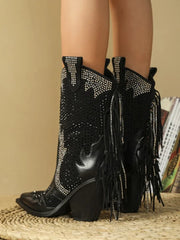 Rhinestone Beaded Embellished Fringe Block Heel Western Cowboy Boots