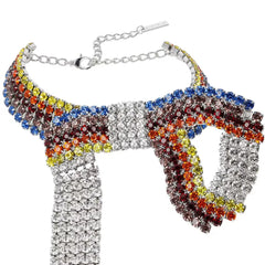 Chunky Statement Bow Multicolored Rhinestone Tassel Necklace