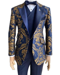 Men's Jacquard Navy Slim Fit 3pc Half Rim Suit