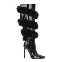 Faux Snakeskin Heeled Boots with Rabbit Hair Wraparound