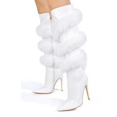 Faux Snakeskin Heeled Boots with Rabbit Hair Wraparound